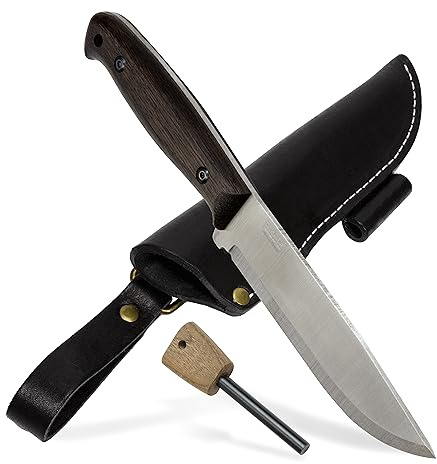 BPSKNIVES Nighthawk Adventurer - Cuchillo y Acampada de Acero Inoxidable con Funda de Cuero Negra y Encendedor - Cuchillo de Bushcraft con Mango Completo para Exteriores