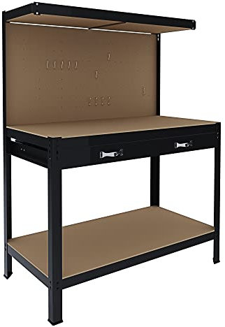 Banco Tavolo Da Lavoro A 3 Livelli Con Piano 120 x 60 Cm Portata Fino a 370 Kg Con Cassetto e Parete Pannello Forato Porta Attrezzi Utensili Ideale Garage Officina Cantina Capannone Magazzino Nero