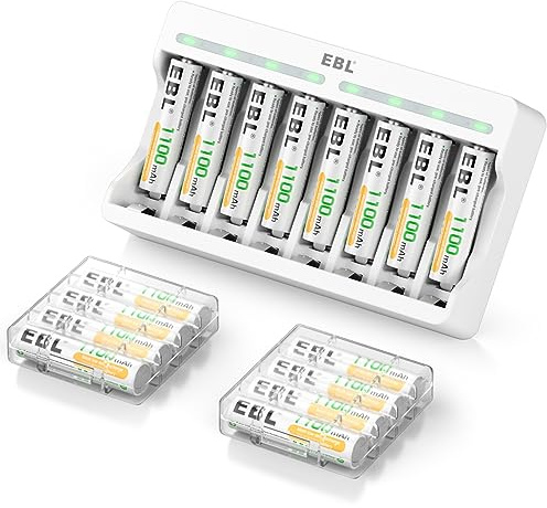 EBL Rechargeable AAA Batteries with Camcorder Battery Charger, 1100mAh NiMH, 1.2V, Recharge up to 1200x Times, Triple A Batteries for Remote Cordless Phone (16 Pack)