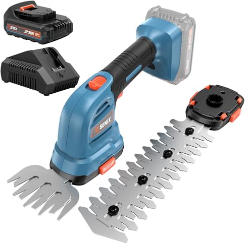 Senix X2 20 Volt Max* 2-in-1 Cordless Hedge Trimmer and Grass Shear with Interchangeable 4-Inch and 8-Inch Blades, Includes 2.0 Ah Battery and Charger (GSX2-M)