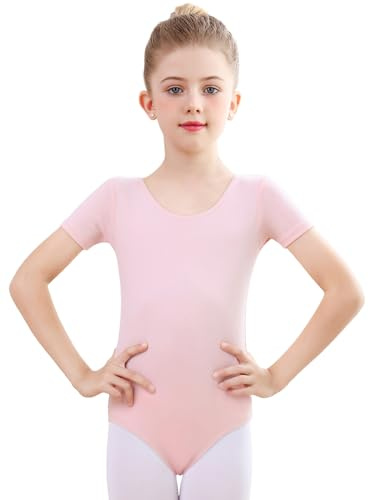 Monbessi Ballettanzug Mädchen Kurzarm - (Gr.100-170) - Tanzbody Gymnastikanzug, Baumwolle Ballettbody Damen Ballett Trikot (140, Rosa)