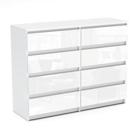 MRBLS Kommode mit 8 Schubladen Sideboard Schubladenschrank Kleiderschrank Modern Möbel mit Schubladen für Ihr Schlafzimmer (Weiß Matt - Weiß Glanz) – 120 x 92,5 x 33,5 cm (B/H/T)