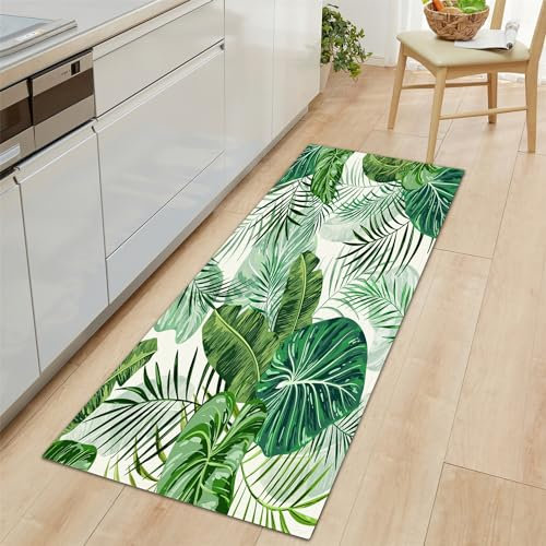 Teppich Läufer Flur rutschfest Teppich Läufer 40x120cm, Palmblätter Pflanzen Teppich Waschbar Grün Teppichläufer Flur Läufer Teppich für Flur, Küche, Schlafzimmer