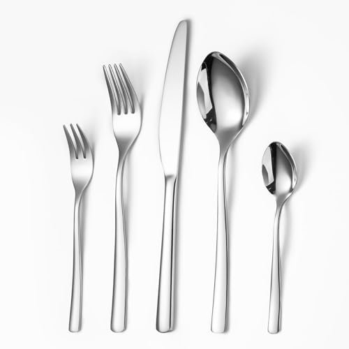 Opolia Besteck Set für 6 Personen, Essbesteck Set 30 teilig aus Edelstahl, Gabel Messer Löffel set, SpüLmaschinenfest, HochglanzPoliert- Silber