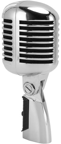 Jectse Microphone Dynamique de Style Rétro, Micro Vintage Cardioïde avec Corps en Alliage de Zinc, Support Rotatif à Tension Automatique, pour Scène, Studio, Performances (Silver)