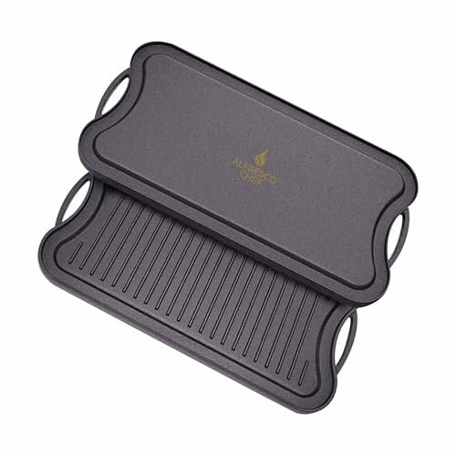 Alfresco Chef Heavy Duty Cast Iron Griddle Plate for Gas Hob - 50x23 cm Non-Stick BBQ Grill Plate with Handles,Double-Sided for Electric Stove, Oven, Open Fire Cooking- Pre-Seasoned Cast Iron Griddle