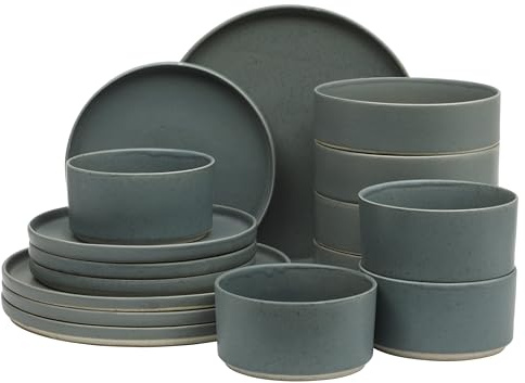 Gibson Elite Tatum Premium Porcelain Matte Reactive Glaze 16-Piece (Service for 4) Plates and Bolws Stackable Dishes Ceramic Dinnerware - Blue
