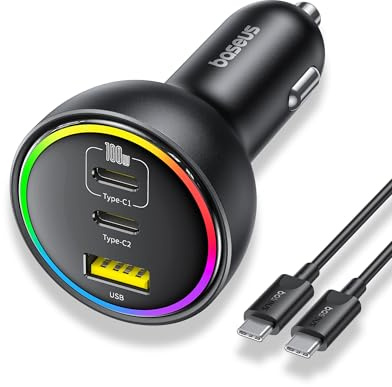 Baseus RGB Caricabatterie Auto, 152.5W USB C Caricatore Auto con Cavo USB C da 100W, Carica Batterie per Auto Rapido Compatibile con Air Mini, iPhone Serie 16/15/14/13, iPad Pro, AirPods
