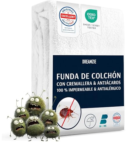 Dreamzie Funda de Colchón con Cremallera 150 x 200 x 25 cm - Protector Colchón Antiácaros 150x200 x 25 cm Antichinches Y Impermeable con Cierre de Cremallera para Alergias, Certificado Oeko-Tex