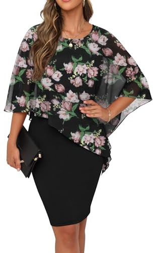 QIXING - Vestido de verano para mujer, casual, manga de murciélago, cuello redondo, de gasa, elegante, midi, de cóctel, de lápiz, para mujer, para Reino Unido, para funeral, fiesta, boda, XL