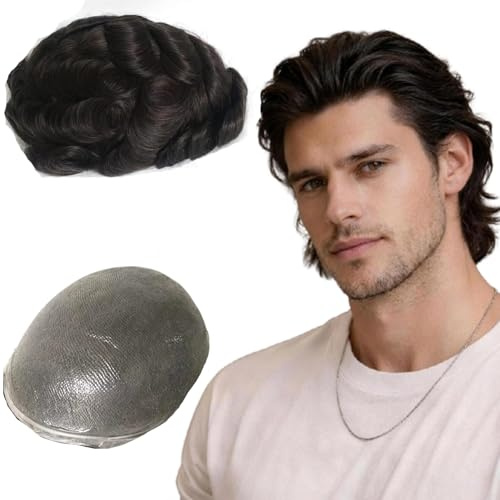 NLW Men's Toupee, 0.04mm Ultra Thin Skin Base Double Knots 25mm Curly 100% Real Human Hair System, 8x10 Inch 120% Density Durable Male Hair Replacement Hairpiece #1B Natural Black