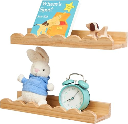 Gieanoo Nursery Bookshelves, Floating Shelves for Wall set of 2 Natural solid Pine Wood Wall Mounted Bookshelf for Bedroom Kids, Toddler Room, Baby Room, Nursery Decor(Natural,30cm)
