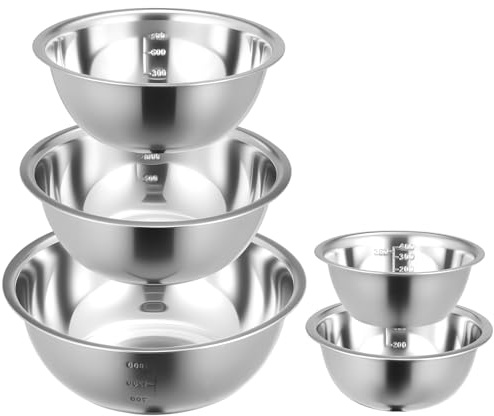 5PCS Mixing Bowls Set Stainless Steel Nesting Bowls with Measurement Markings Metal Storage Salad Bowls for Preparing Serving Dishwasher Baking Cooking Salad Prep Easy Clean Space Saving
