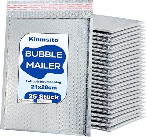 Kinmsito 25 sobres acolchados con burbujas de polietileno (21 x 28 cm), color plateado | Sobres acolchados autoadhesivos, impermeables con burbujas metálicas, para embalaje, envío postal, envío