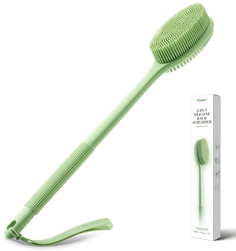 CORATED Brosse Dos Silicone Douche 44.5cm, Brosse de Bain Double Face avec Manche Long Ergonomique, Brosse Corporelle Exfoliante avec Cordon pour Massage et Nettoyage (Mousse d'Avoca)
