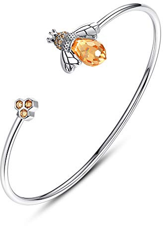 TONGZHE Honeycomb Bee Open Cuff Bangle Bracelet Sterling Silver 925 Cubic Zirconia CZ for Women Girls 7