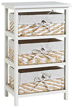 Home Source Storage Chest, Wooden Bedroom Hallway Cabinet, 3 Wicker Basket Drawers, White