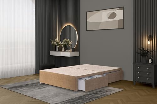 Bed Centre Flexby Divan Bed Base Only with 2 Drawers (Same Side), No Headboard - Available in 3FT, 4FT, 5FT & 6FT (6FT Super King, Plush Beige Fabric)