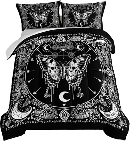 HOSIMA Grey Butterfly Comforter Set for Girls Bedroom Set,Mandala Bedding Boho Floral Queen Comforter Set,Sun and Moon Pattern Bed Set Queen Size with 2 Pillowcases.