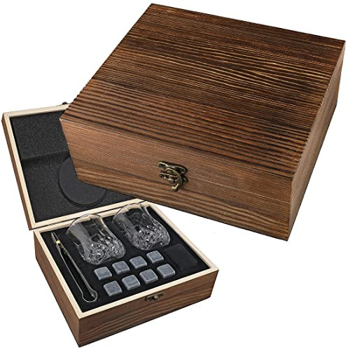 Coffret Cadeau 7 pièces avec boîte en Bois 2 Verres à Whisky, 9 Pierres de Refroidissement, 1 Sac en Tissu, 1 Pince Amateurs de Whisky Tumbler, Verre fête des pères, Anniversaire