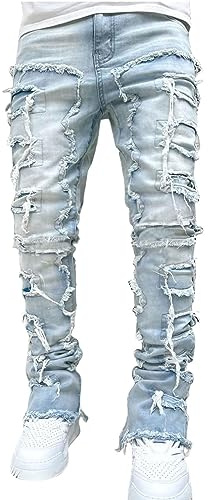 FantasyGears Mens Stretch Ripped Jeans Y2k Slim Fit Light Blue Jeans Skinny Distressed Stacked Pants Streetwear