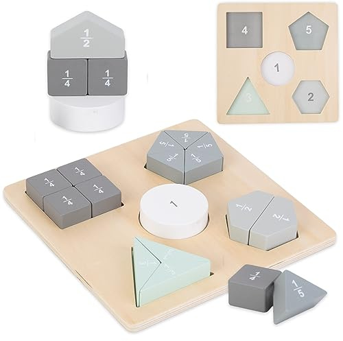 Mamabrum träpussel - Montessoripussel - bråk och geometriska figurer, taligenkänning, geometriska figurer, bråk, 16 färgglada blockpussel för barn matematikspel