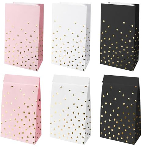 Geschenktüten, Papiertüten mit Goldfolie Gepunkt 24 Stück Partytüten 21 x 12 x 7cm Candy Bar Tüten Geschenktaschen Partytaschen Schwarz, Weiß, Rosa