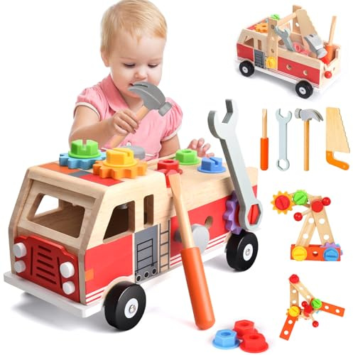 Nauotk Cassetta Attrezzi in Legno, Attrezzi da Lavoro per Bambini, Cassetta Attrezzi Giocattolo,Gioco d’Imitazione, Giochi in Legno per Bambini Ragazzo Ragazza 2 3 4 Anni-Camion dei Pompieri