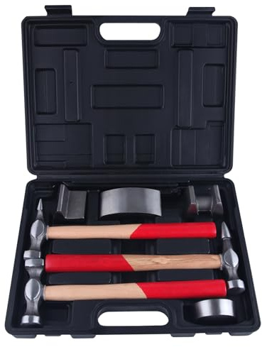 LEONTOOL 7 Piece Auto Body Repair Tool Kit, Carbon Steel Auto Body Hammer and Dolly Set for Fender Dent Repair, Professional Auto Body Shaping and Forming Repair Kit with Carrying Case, Wood Handles