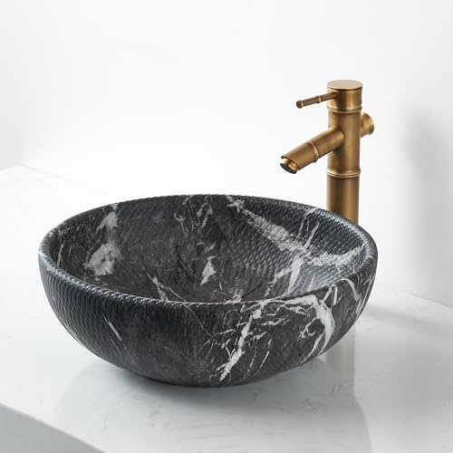 NATURFLAIR Vessel Sink Round 16 Inch Bathroom Sink, Counter Top Black+ Coffee Color Cloakroom Porcelain Ceramic Vessel Vanity Sinks Art Basin for Bathroom (Black+ White Marble)
