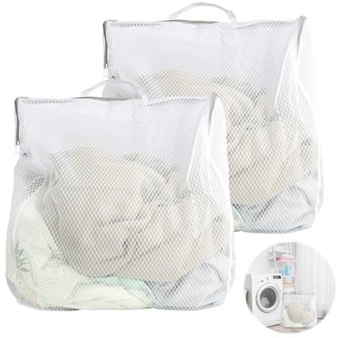 2 PCS Grandi Sacchetti per Biancheria in Rete Riutilizzabili 50 x 60 cm con Cerniera Antiruggine e Manici, Ideali per Lavatrice e Vestiti Delicati, per Dormitori e Appartamenti