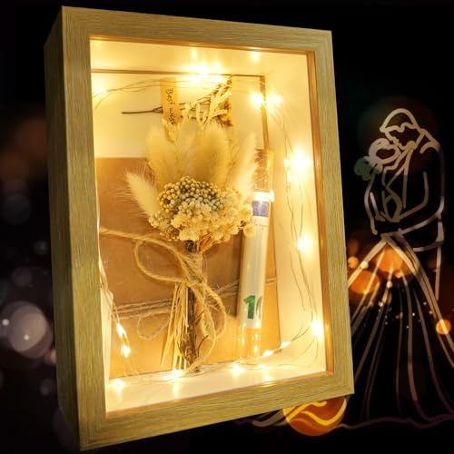 TZEKING Caja Regalo Boda de Madera,Regalo de Dinero para Bodas,Regalo Creativo para Novios,Juego de Dinero,Caja de Madera,flores secas,Tubo de Ensayo,Señor y señora,aniversario de boda