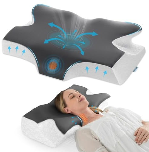 Elviros Cuscino Cervicale per Dormire, Cuscino Cervicale Memory Foam, Cuscino Ergonomico per Adulti, Cuscino Ortopedico per Chi Dorme sul Fianco, sulla Schiena e sulla Pancia, Federa Traspirante Cool