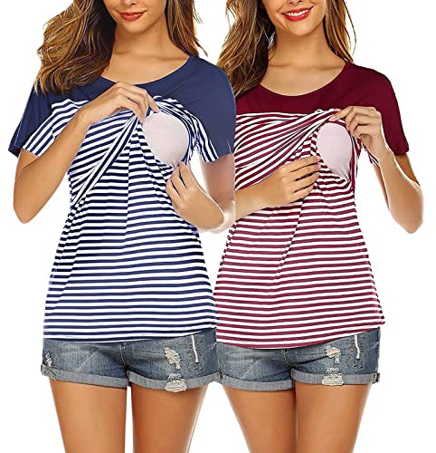 Camiseta de manga larga para mujer, ajustada, barata, Maternity de manga corta, cuello redondo, con estampado a rayas, camiseta para lactancia, 2 piezas, parte superior, color negro, elegante, azul, L