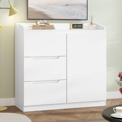 Hzuaneri Kommode, Kommode mit 3 Schubladen und 1 Tür, Seitenschrank mit Arbeitsfläche, schubladenschrank, Moderner Stil, Geeignet für Wohnzimmer und Schlafzimmer, 40 x 80 x 87 cm, Weiß DC12303X