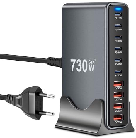 730W USB C Cargador múltiple con 10 puertos, GaN III USB Cargador rápido múltiple con 6 x USB-C y 4 x USB-A, PD140W, 100W, 65W, 30W Power Ladestation USBC para MacBook Pro/Air, iPhone, iPad, Samsung