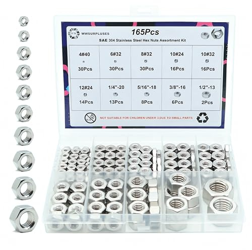 165Pcs SAE Hex Nuts Kit, 304 Stainless Steel Hex Nut Kit