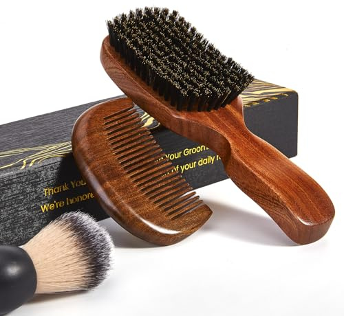 Beard Brush for Men, Natural Boar Bristle Sapele Wood Brush for Beard and Hair, Men's Grooming Kit with Pocket Beard Comb for Facial Hair Styling, Growth, Shine