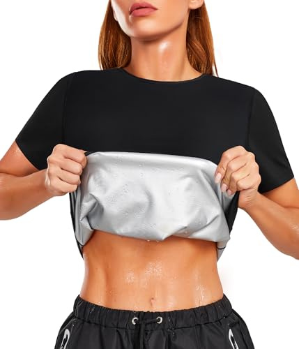 Junlan Sweat Sauna Suit for Women Waist Trainer Vest Workout T Shirts Slimming Body Shaper Short Sleeve (Black,L)