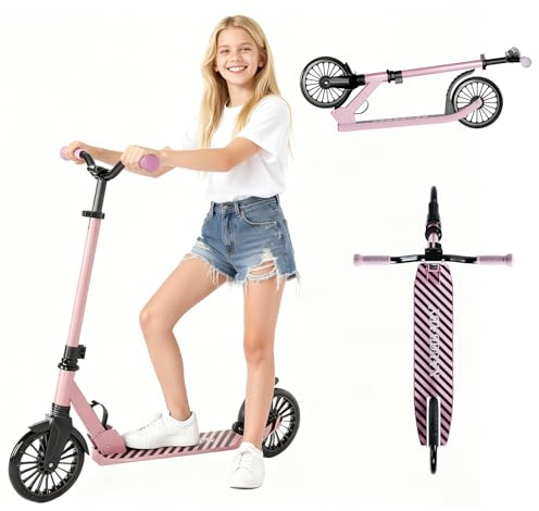 Scooter for Kids, Lightweight Foldable Kick Scooter, 4-Level Adjustable Handlebar, 8-Inch Large Wheels with Shock Absorption, for Ages 6 and Up (Light Pink)