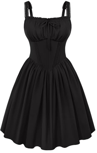 SCARLET DARKNESS Women's Summer Victorian Corset Mini Dress | Vintage Summer Party Sundress, Lace Spaghetti Strap, Square Neck, 6 Plastic Bones Corset, Hidden Side Zipper, Pockets