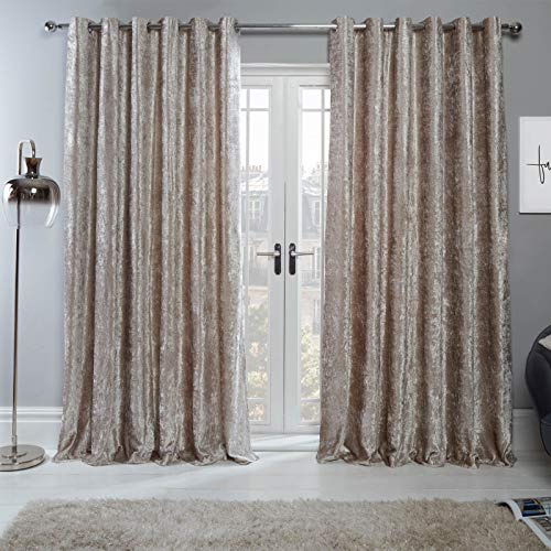Sienna Natural Gold Crushed Velvet Curtain Eyelet Ring Top Pair of Fully Lined Curtains, Soft Luxury Thermal Insulated Curtains Window Treatment 2 Panel, 90 x 90