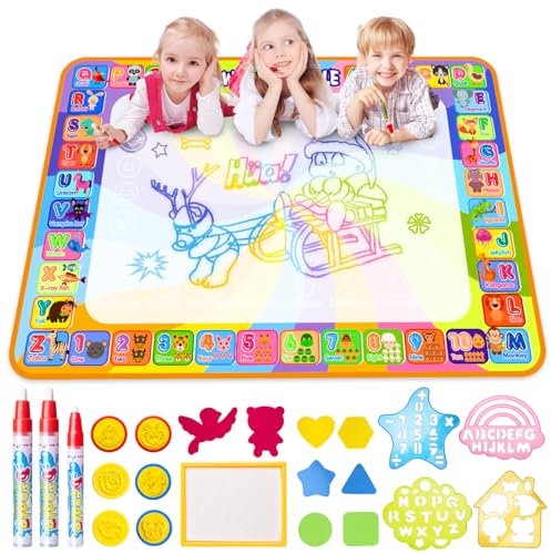 Water Doodle Magic Mat, 100 x 78cm Multicolored No Mess Water Drawing Mat with 3 Magic Pens & 6 Stamps - Educational Kids Toys & Xmas Gifts for Boys & Girls Age 3 4 5 6 Years Old