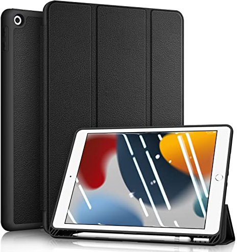 Fintie Hülle für iPad 9. Generation 2021/8. Gen 2020/7. Gen 2019 10.2 Zoll - Superleicht Soft TPU Rückseite Abdeckung Schutzhülle mit eingebautem Pencil Halter, Auto Sleep/Wake, Schwarz