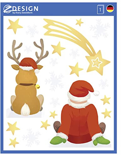 AVERY Zweckform 9 immagini per finestre con renna di Babbo Natale (made in Germany, autoadesivi per finestre, decorazione natalizia per finestre, pellicola rimovibile lucida), 1 foglio/9 adesivi per