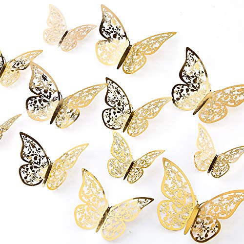 AIEX 24pcs 3D Butterfly Wall Stickers 3 Sizes Butterfly Wall Decals Room (Gold)
