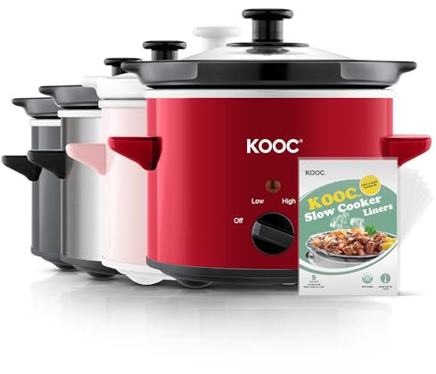 KOOC Small Slow Cooker, 2-Quart, Free Liners Included for Easy Clean-up, Upgraded Ceramic Pot, Adjustable Temp, Nutrient Loss Reduction, Stainless Steel, Red, Round