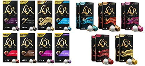 L'Or capsule assortiment, 80 capsules & Espresso – Collection Origines – 100 Capsules de Café Compatibles Nespresso ®* – Coffret de 5 Variétés – Intensité 7 à 10 – Lot de 10 x 10