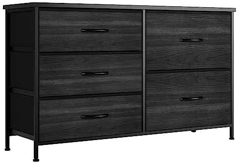 Nicehill Dresser for Bedroom with 5 Drawers, Storage Drawer Organizer, Wide Chest of Drawers for Closet, Clothes, Kids, Baby, TV Stand with Storage Drawers, Fabric Drawers, Black Wood Grain