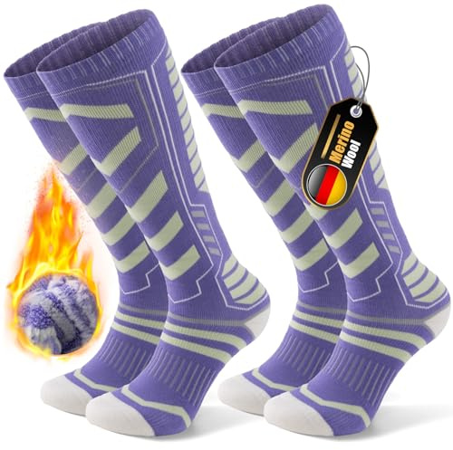 PULIOU Chaussettes de ski en laine mérinos, résistantes et chaudes, épaisses, respirantes et à séchage rapide, spécialement conçues pour le ski, unisexes, Violet S （2 Paar）
